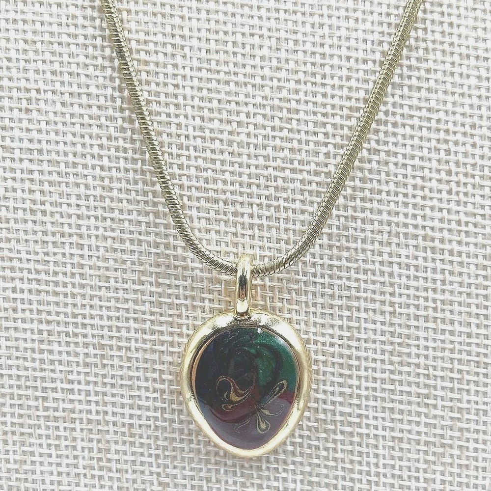 Vintage Laura Scott Snake Chain Necklace Green Maroon Enamel Floral Pendant Y2K
